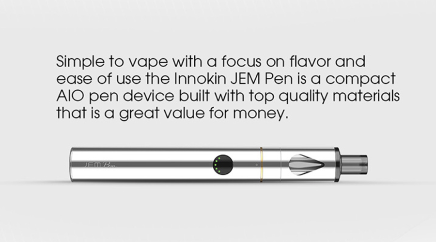 The Innokin JEM Pen kit is powered by a 1000mAh built-in battery and features a durable, stainless steel construction.