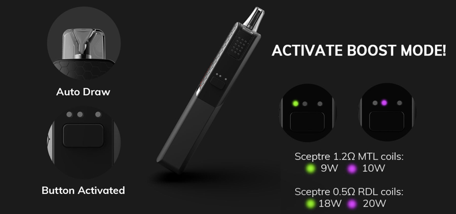 The Sceptre pod device can be fired by either auto draw activation or button activation, whilst also offering a boost mode.