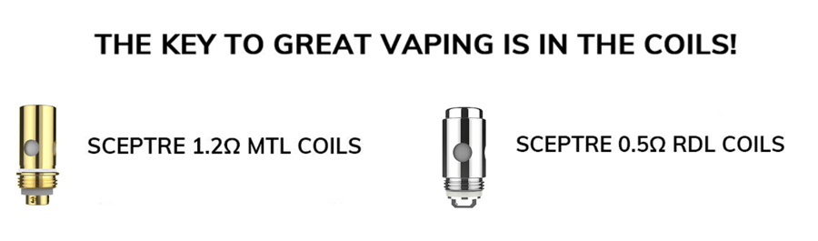 The 2ml Sceptre refillable pods utilise the Sceptre coils, available as a 1.2 Ohm MTL coil as well as a 0.5 Ohm restricted direct to lung variant.