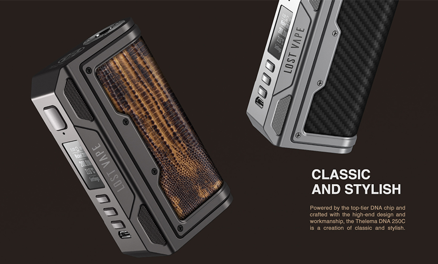 Not just technically advanced, the Thelema 250 sub ohm vape device features a classic aesthetic with stylish design features such as custom inlays and a clear digital display.