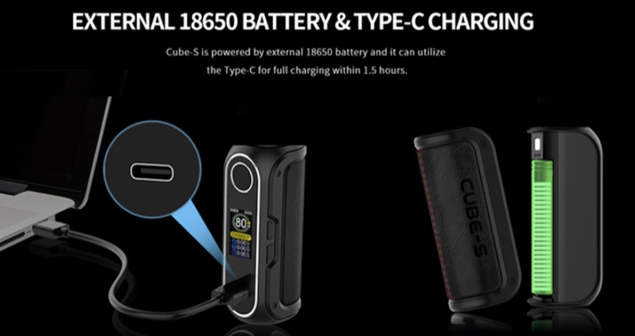 The OBS Cube S mod is powered by a single 18650 battery and features type C fast charging for an efficient recharge.