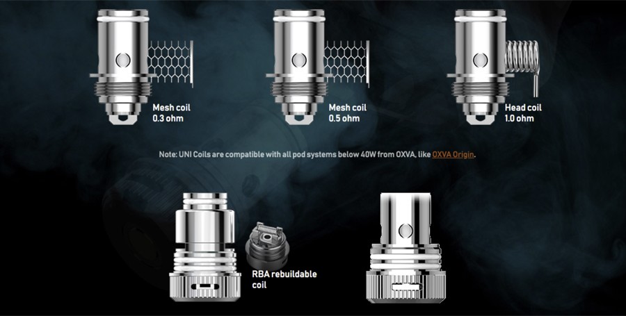 The OXVA X 2ml pods employ the OXVA UNI coil series, including an RBA option for DIY rebuildable vapers.