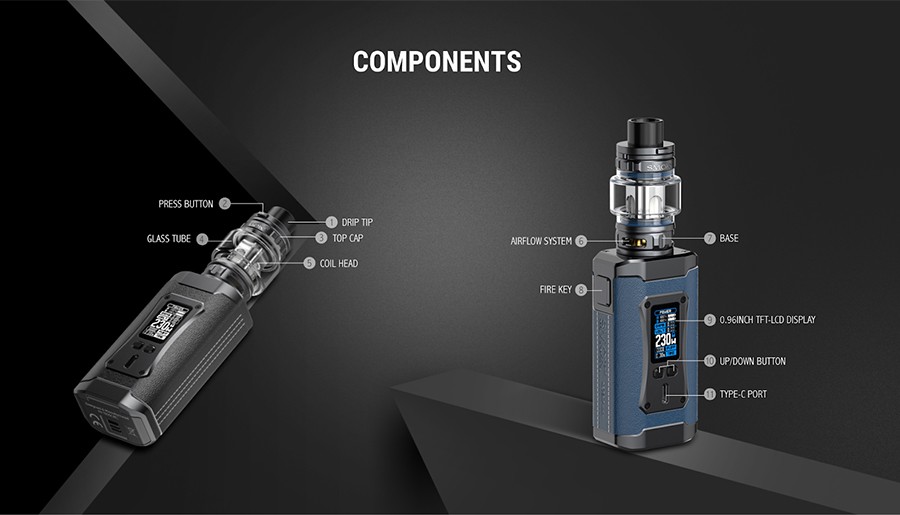 The Smok Morph 2 kit is a high powered sub ohm vape kit featuring a leather patch grip and zinc alloy construction.