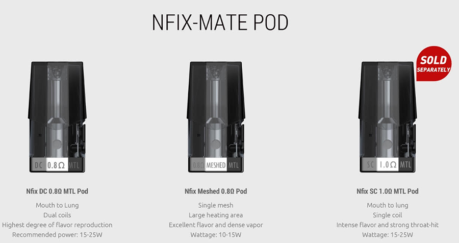 The Nfix Mate is compatible with the original Nfix pods, with a DC 0.8 Ohm pod and a 0.8 Ohm meshed pod included, as well as the new 1.0 Ohm SC (Single Coil) pod variant.