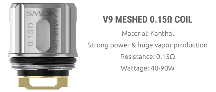 The TFV9 tank employs the V9 meshed 0.15 ohm coil, providing clear flavour with large cloud production.