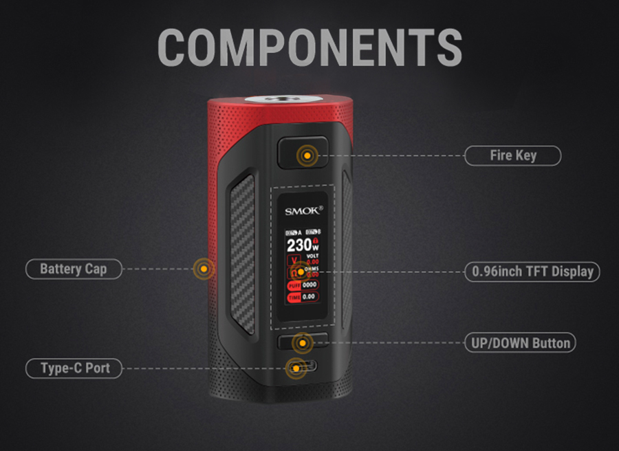 The Smok Rigel vape mod is a high powered device, powered by dual 18650 batteries with a 230W max output and can be paired with 510 vape tanks.