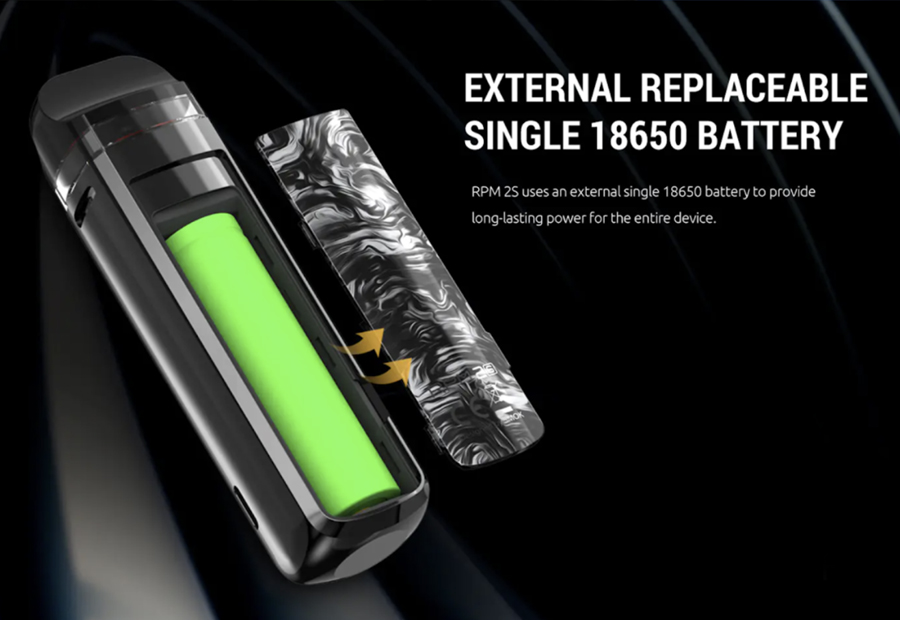 The Smok RPM2S pod kit is powered by a single 18650 battery with an 80W max output which can be adjusted.