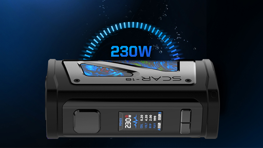 The Scar 18 Mod is powered by dual 18650 batteries and boasts a 230W max output which can be adjusted to the user’s preference.