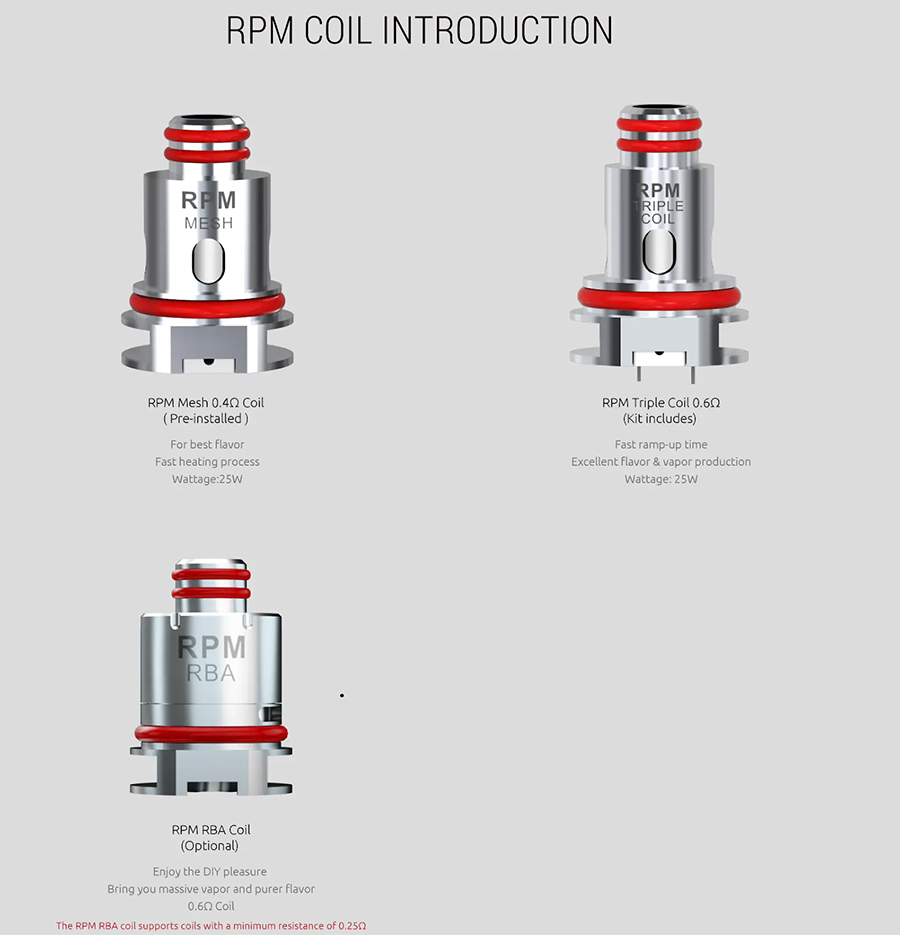 The TF RPM vape tank is compatible with the RPM coil series, including mesh and RBA coil variants.