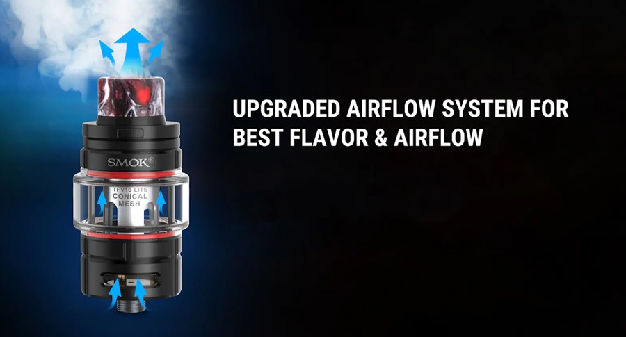 The 2ml TFV16 Lite tank features a bottom dual adjustable airflow, giving users precise control over inhalation.