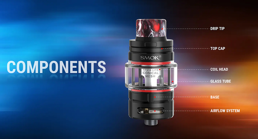 The Smok TFV16 Lite is a sub ohm vape tank which features a 28mm diameter, 2ml e-liquid capacity and a 510 connection point to pair with the majority of vape mods.
