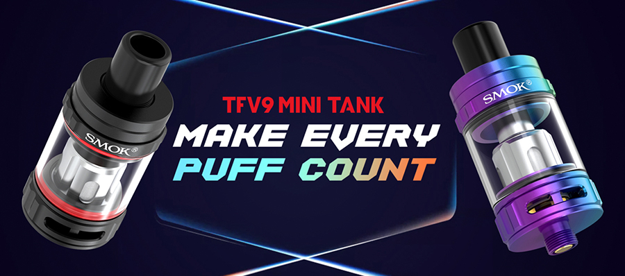 The Smok TFV9 Mini tank is a discrete sub ohm vape tank with a 23mm diameter and a 510 connection point allowing it to be paired with the majority of vape mods.