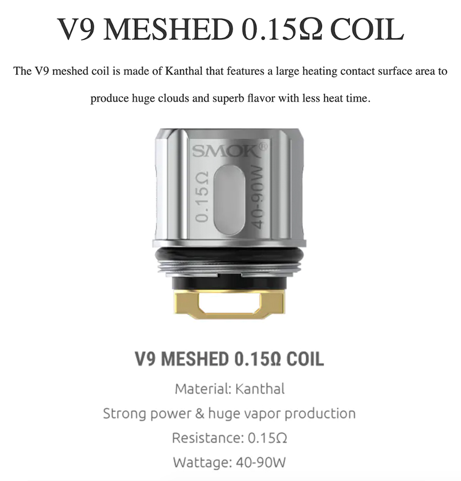 Experience enhanced vapour production with the V9 mesh coils - specially designed to support the Smok TFV9 tank.