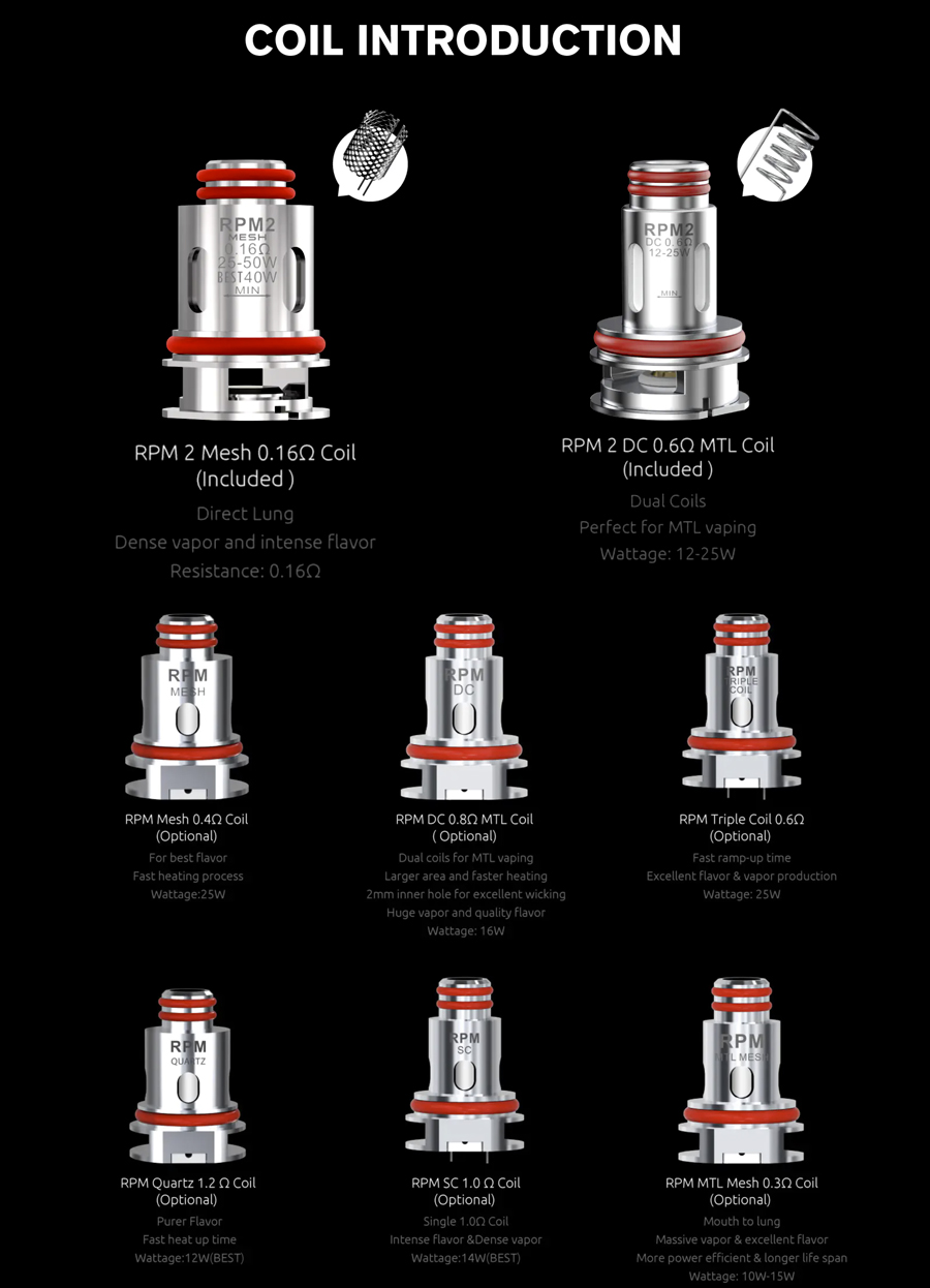 The Thallo RPM and Thallo RPM2 pods are to be paired with the RPM2 and RPM coils, with multiple resistances and builds to choose from.