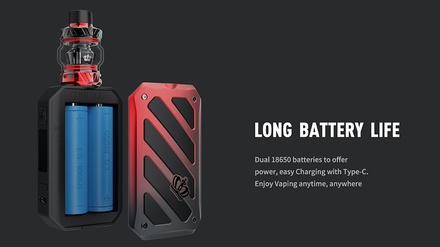 Powered by dual 18650 vape batteries, the Crown 5 sub ohm kit lasts for longer between charges and never struggles to reach higher wattage levels.