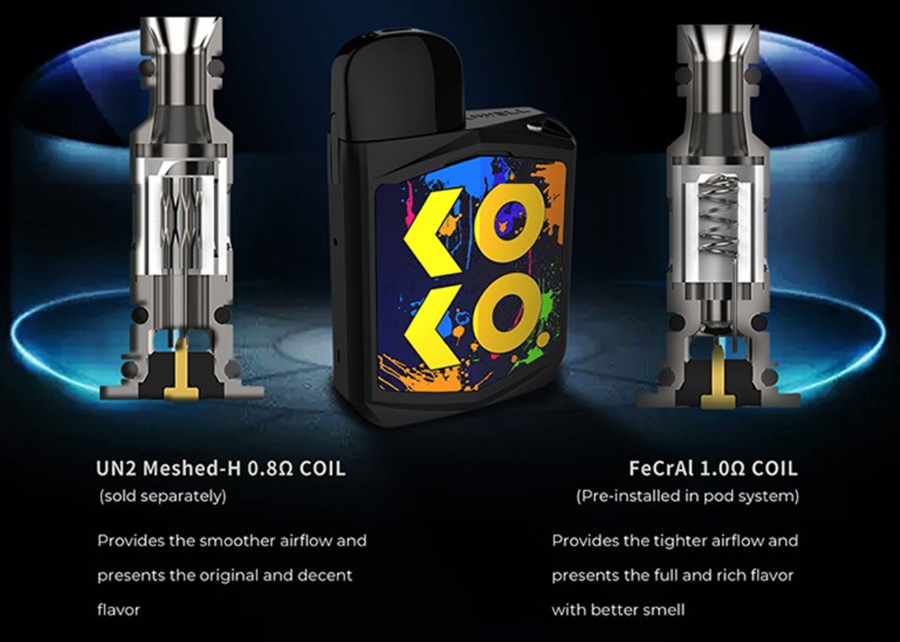 The Caliburn Koko employs the Caliburn G pods which utilise the Caliburn G coil series, available as a UN2 0.8 Ohm meshed coil or a 1.0 Ohm kanthal coil.