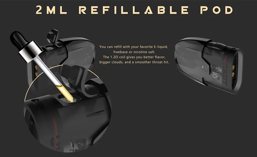 The Uwell Tripod refillable pods can be paired with a range of eliquids - working best with high PG eliquids.
