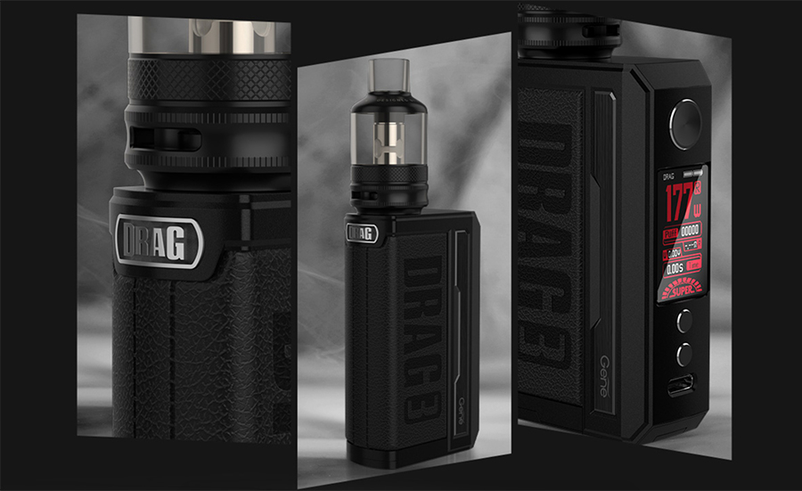 The Voopoo Drag 3 kit is a high performance sub ohm vape kit, powered by dual 18650 batteries and features a leather patch grip and zinc alloy design.