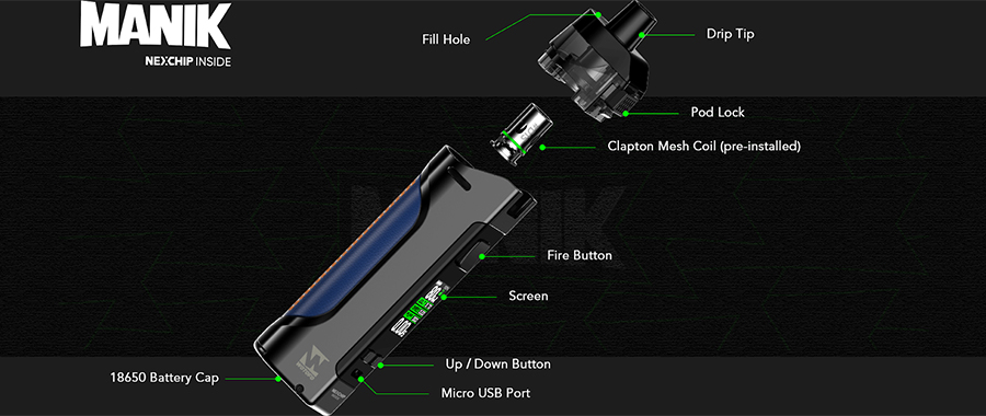 The Wotofo Manik pod kit is a sub ohm pod mod, powered by a single 18650 battery with an 80W max output.