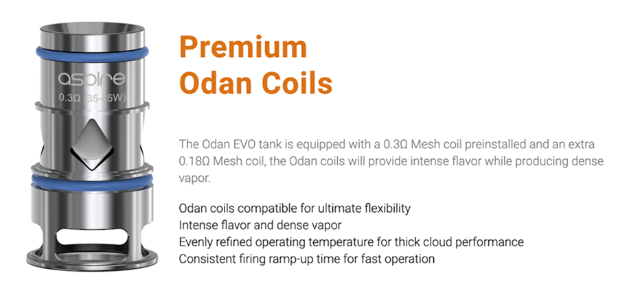 The Odan Evo tank employs the Odan mesh coil series, available in a range of resistances with all of them utilising linen and organic cotton wick for enhanced flavour.