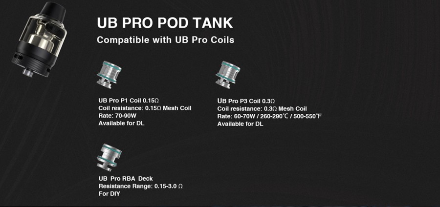 The Lost Vape UB Pro tank combines the simplicity of a pod with the enhanced performance of a sub ohm tank. You’ll also have access to a range of coils, including the option of a rebuildable atomiser.