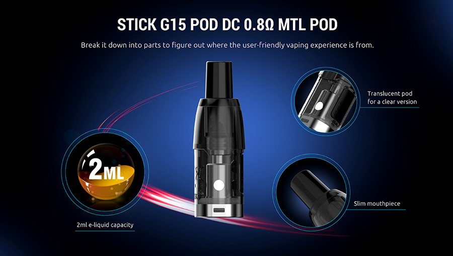 The G15 refillable pods will each hold 2ml of e-liquid and are fitted with a 0.8 Ohm coil that produces a small amount of vapour and clear flavour. 