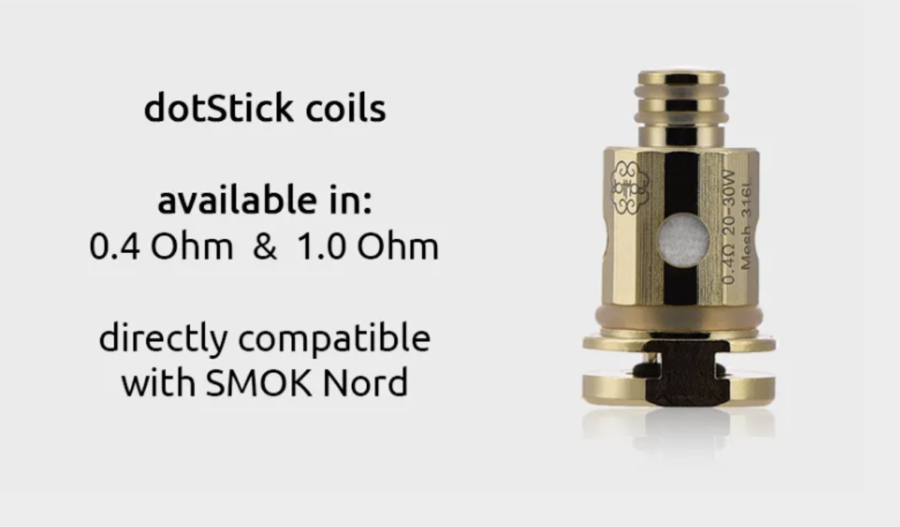 Compatible also with the Smok Nord kit, the DotStick coils are available in a 0.4 Ohm resistance, for sub ohm vaping as well as a 1.0 Ohm coil, for MTL vaping.