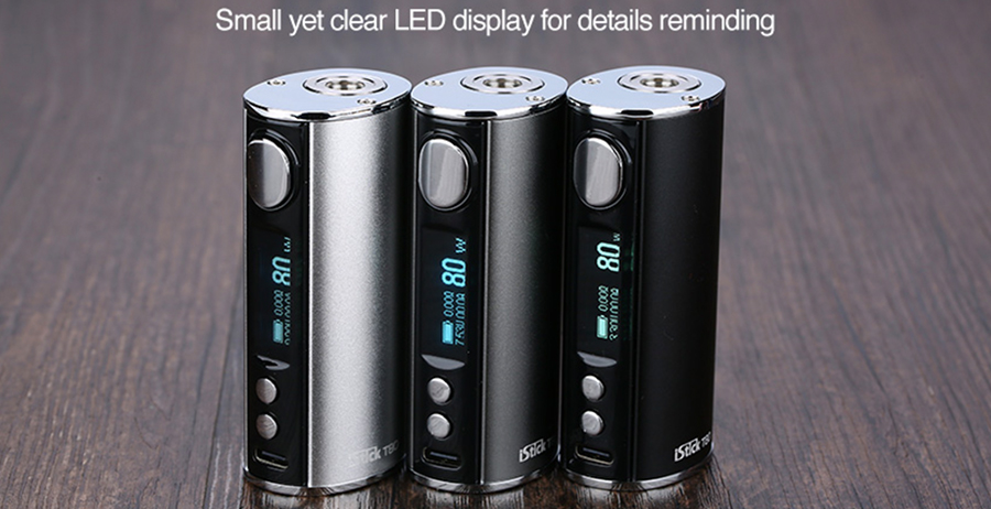 The iStick T80 mod features a striking OLED screen, displaying key vaping data such as battery life, output modes, wattage and resistance.