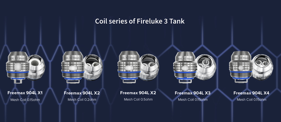 The Fireluke 3 tank employs the Freemax X mesh coil series, available in a range of sub ohm resistances.