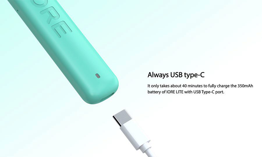 The IORE Lite pod kit combines a 350mAh battery that lasts all-day as well as fast USB-C charging.