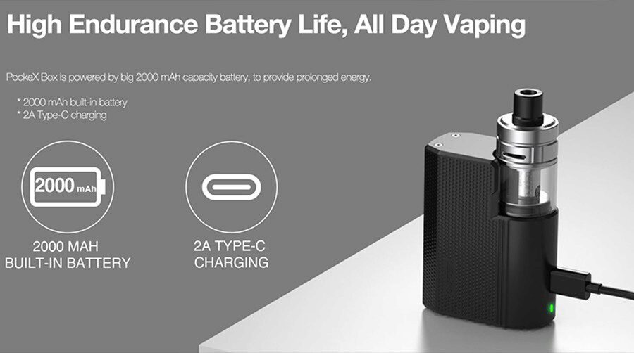 The 2000mAh battery inside the Box vape kit lasts all day and is quick to recharge.