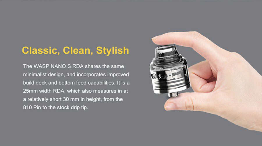 Recommended for advanced vapers, the Oumier Wasp Nano S RDA can be paired with a wide range of coils for MTL and DTL vaping.