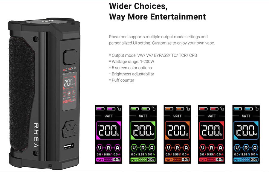 Vape how you want to with the Aspire Rhea 200W sub ohm mod, with access to multiple modes including Variable Wattage, Byass and Temperature Control at your fingertips. 