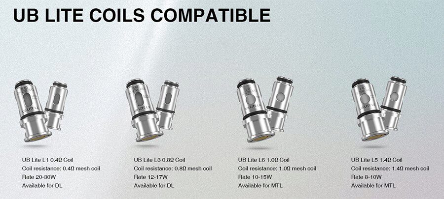 The compatible UB Lite coil range offers more options for MTL, RDTL, and DTL vaping.