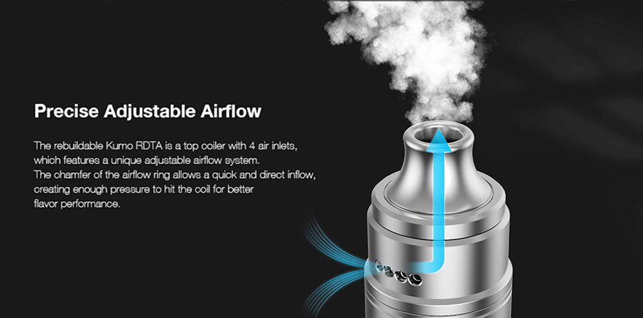 Adjustable airflow allows the Aspire Steampipes Kumo RDTA to be used to deliver an MTL or DTL vape.