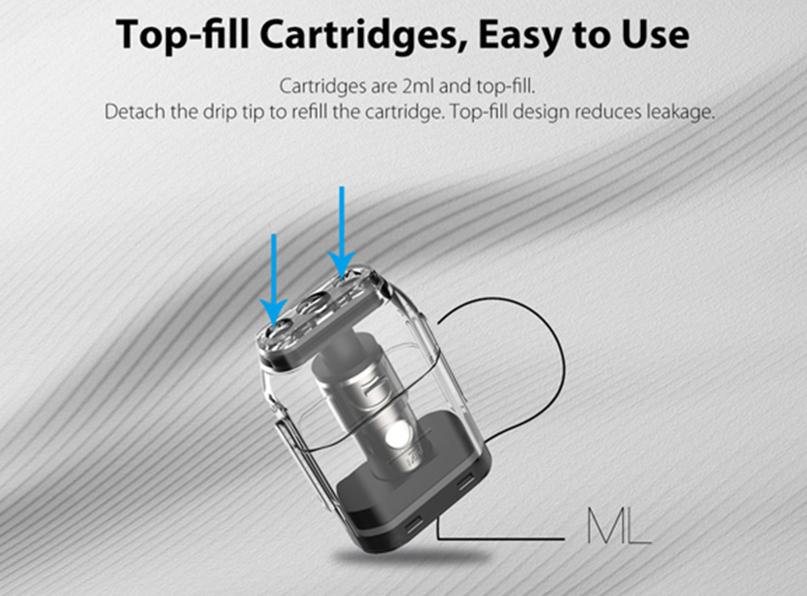 The Caliburn pods feature a 2ml e-liquid capacity with a top fill design.