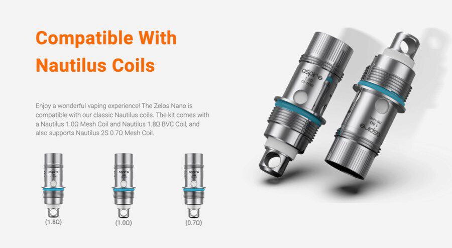 The Aspire Zelos Nano vape kit provides a range of different coil options, as it’s compatible with any Nautilus coil.