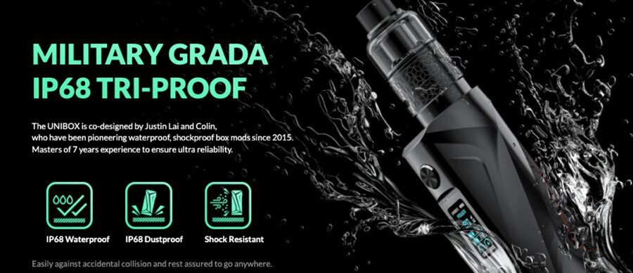 Built to a high grade, the OXVA Unibox PNM kit is waterproof, dustproof, and shockproof vape