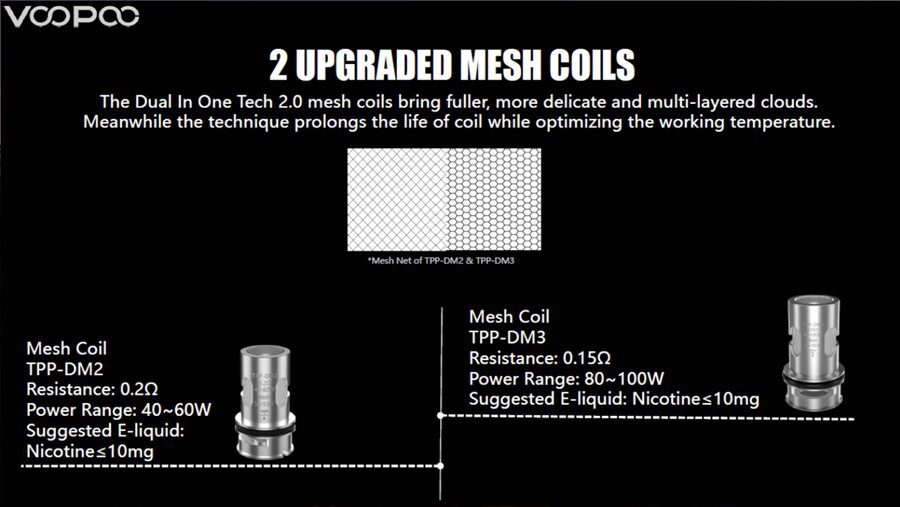 Experience a better flavour and more vapour with the VooPoo TPP sub ohm mesh coils.