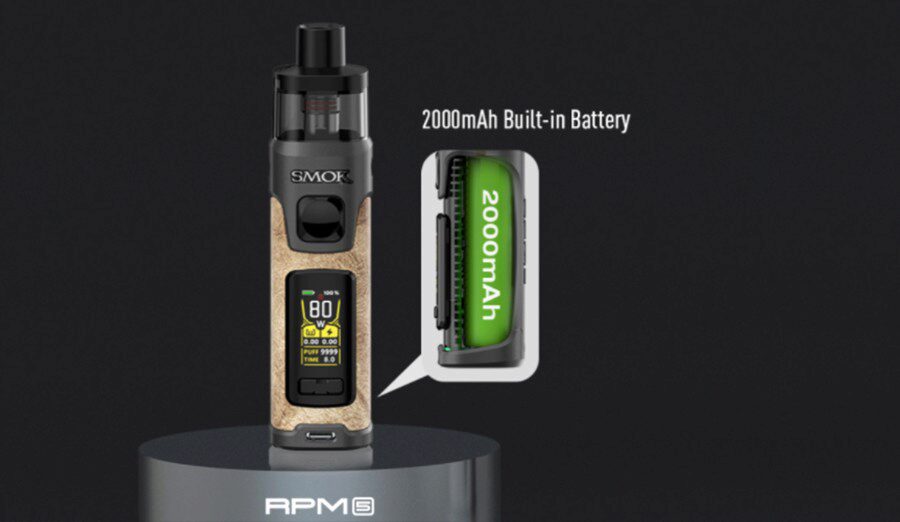 The Smok RPM 5 pod kit can deliver a lot more vaping between charges with its 2000mAh built-in battery. 