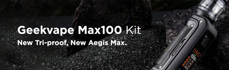 The Geekvape Aegis Max100 vape kit is shown in front of a black sand background.