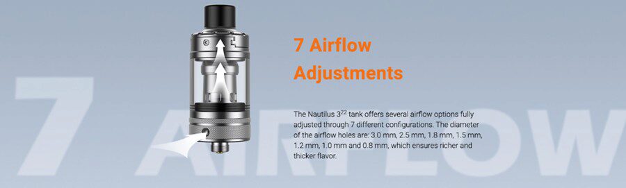 The Aspire Nautilus 3 22 tank is pictured with arrows showing the airflow and text explaining the adjustable airflow feature.