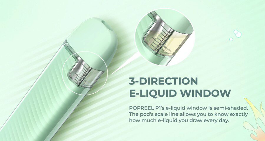 Image Shows The Apple Green Popreel P! Vape Kit And Highlights The Advantage Of The E-Liquid Window.