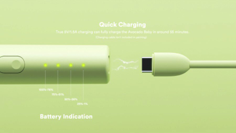 Base of Avocado vape kit, showing LED battery display, charging time and USB-C charging cable.