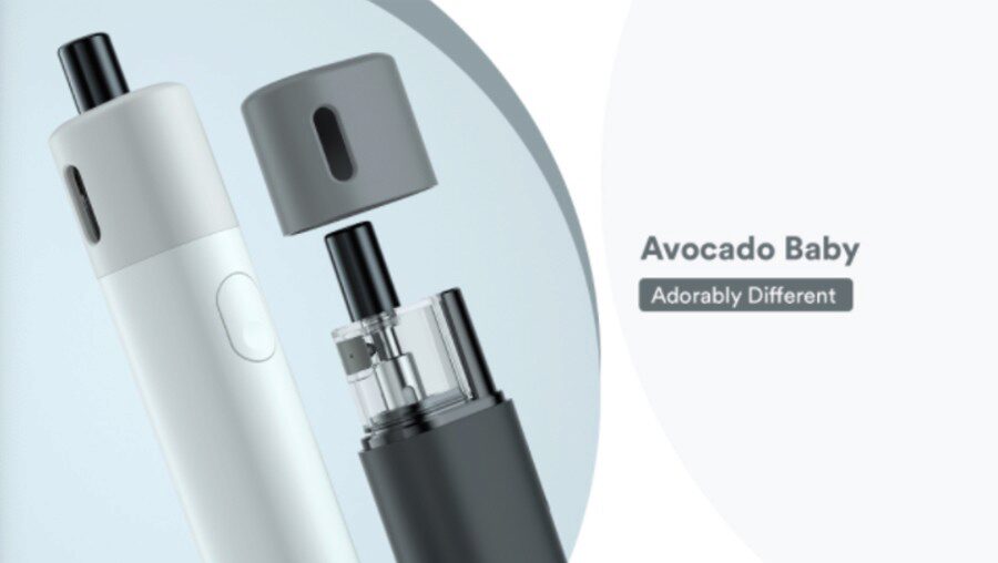 Two Avocado Baby vape kits. One white kit featuring the button, one black kit featuring the pod and removable cap. 