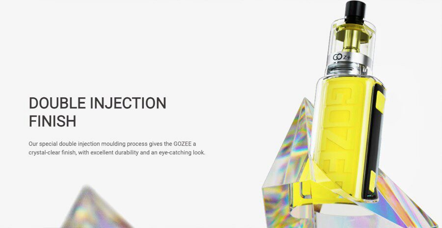 A yellow GOZEE vape kit is shown overlapping with a crystal against a grey background.