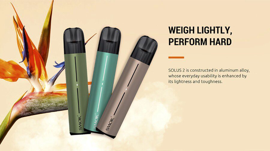 Three Smok Solus 2 vape kits in ocean green, lake blue and mocha gold colourways are shown with vapour underneath next to a tropical tree branch, against a peach background. 