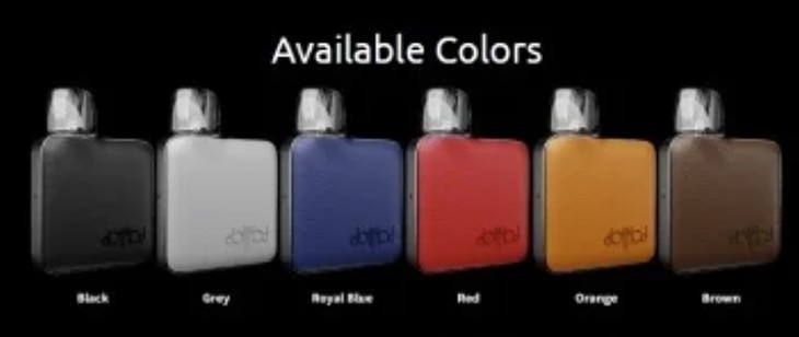 Six Dotmod dotPod vape kits available; black, grey, royal blue, red, orange and brown.