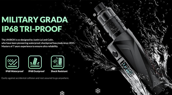 OXVA Unibox Mod surrounded by water to emphasise its waterproof design.