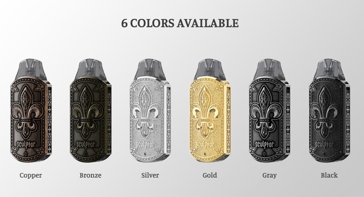 6 Uwell Sculptors in different colour variants: copper, bronze, silver, gold, grey, black.